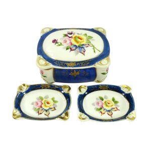Vintage Made in Occupied Japan Porcelain Trinket Cigarette Box w 2 Ashtrays Blue